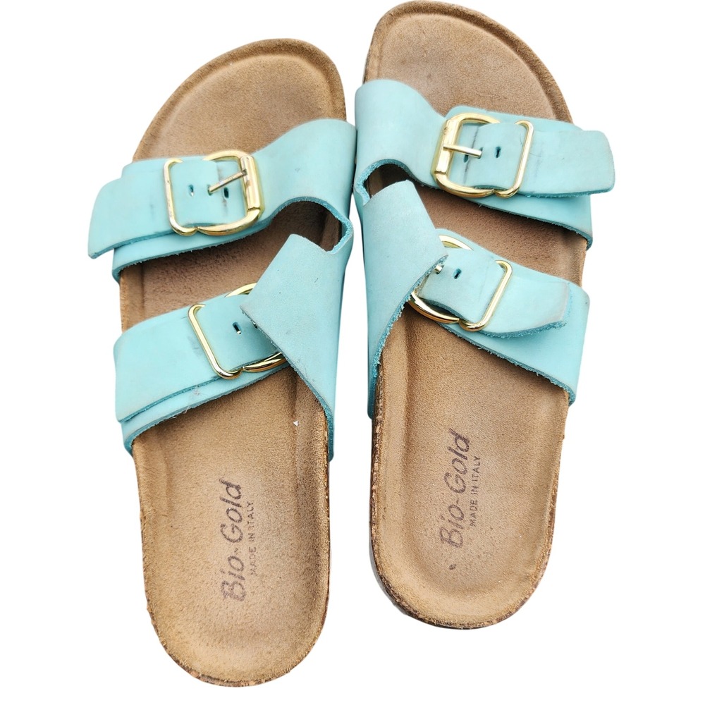 Bio-Gold Womens Turquoise Leather Double Strap Buckle Slide Sandals Size 9